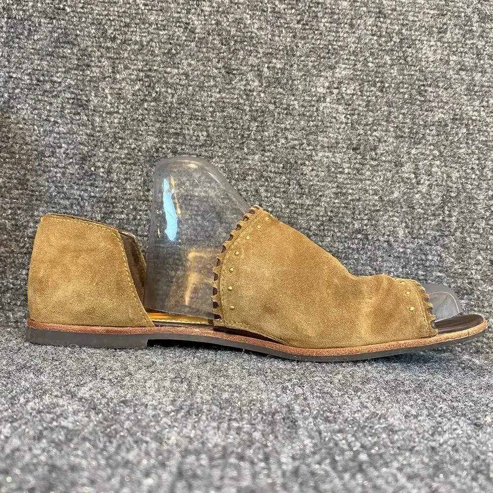 Franco Sarto Womens 8.5 Azmond Brown Suede Stud Slip On Flats Sandals Open Toe